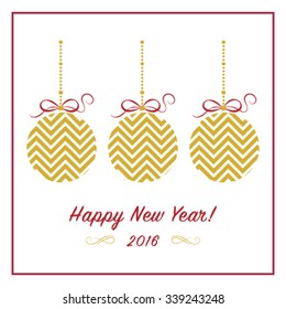 Happy New Year card with golden chevron christmas balls