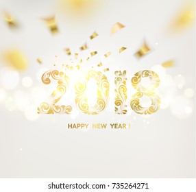 Happy new year card with a golden hemisphere from various flower swirls over the fallen confetti and gray background. Vector illustration.