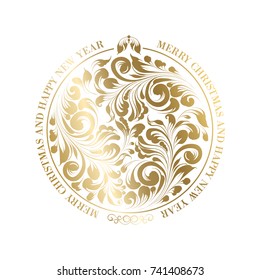 Happy new year card with a golden toy from various flower swirls isolated over white background. Vector illustration.