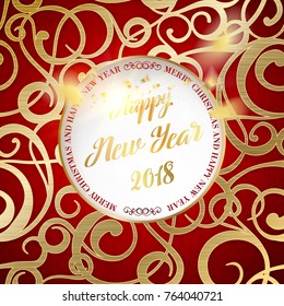 Happy new year card with a golden various swirls over fantasy red background and sign Happy Yew Year 2018 in the center. Vector illustration.