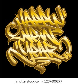 Happy New Year card in graffiti style in gold colors isolated on black background. Vector lettering.