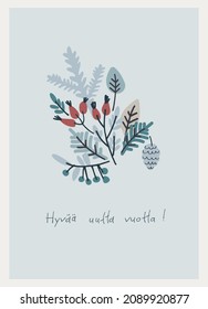 Alles Gute zum Neujahr mit dem Gruß in finnischer Sprache. Trendy Design mit Branchenanordnung. Zweige mit Blättern, Kiefernkonus, Beeren auf blauem Hintergrund