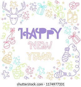 Happy New Year Card. Hand drawn doodle illustration for your  invitation, flyer, poster, t-shirt design or blog post. Pastel colour's theme.