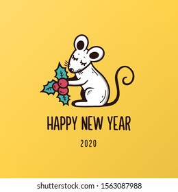 Happy New Year card with hand drawn mouse holding christmas berry branch. Cute trendy colorful drawing for greetings prints posters. Vector vintage illustration.