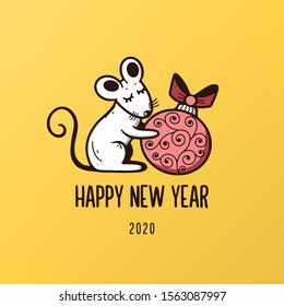 Happy New Year card with hand drawn mouse holding christmas tree ball. Cute trendy colorful drawing for greetings prints posters. Vector vintage illustration.