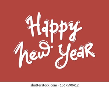 Happy New Year card. hand drawn lettering. Holiday greetings quote on red background. Great for Christmas banners, posters, gift tags and labels.