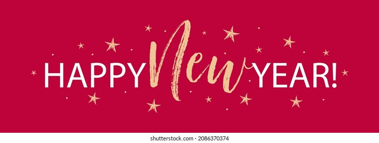 Happy New Year card. Hand sketched lettering typography. Drawn art sign. Motivational text. Greetings logotype, badge, icon, postcard, logo, web banner, tag, celebration vector isolated illustration.