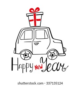 Happy New Year Card with hand drawn car and present