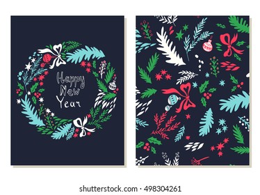 Happy New Year card. Hand drawn illustration with Christmas wreath. Vector background with floral elements. Greeting cards set with christmas symbols.  Doodle style