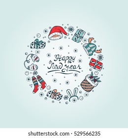 Happy New Year card with hand drawn lettering and celebratory items. Holiday background. Festive frame. Christmas wreath