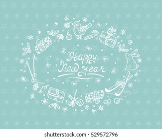 Happy New Year card with hand drawn lettering and celebratory items. Holiday background. Festive frame. Christmas wreath