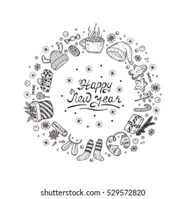 Happy New Year card with hand drawn lettering and celebratory items. Holiday background. Festive frame. Christmas wreath