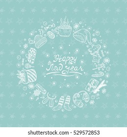 Happy New Year card with hand drawn lettering and celebratory items. Holiday background. Festive frame. Christmas wreath