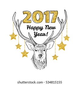 Happy new year card with hand drawn deer and golden stars on horn. Art vector illustration