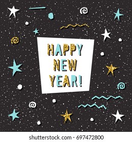 Happy new year card. Handmade letters for design new year card, invitation, t shirt, party flyer, calendar of the new 2018 year etc. Gold texture.