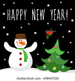 Happy new year card. Handwritten quote and cartoon snowman and bullfinch for design new year card, invitation print, t shirt, party flyer, calendar etc. 