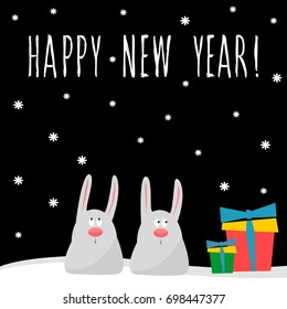 Happy new year card. Handwritten quote and cartoon rabbits for design new year card, invitation print, t shirt, party flyer, calendar etc. 