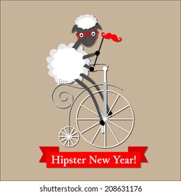 Happy New year card with hipster sheep on the vintage bicycle, with mustache and glasses . Vector.