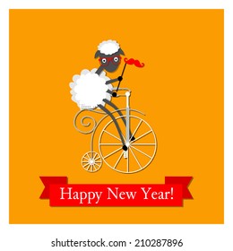 Happy New year card with hipster sheep on the vintage bicycle, with mustache and glasses on orange background. Vector.