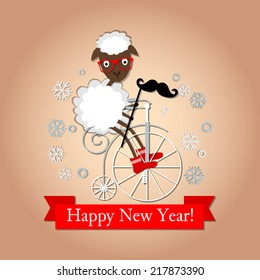 Happy New year card with hipster sheep on the vintage bicycle, with mustache, glasses and snow falling on background.