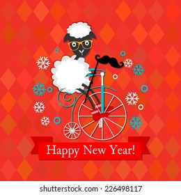 Happy New year card with hipster sheep on the vintage bicycle, with mustache and glasses . Vector.