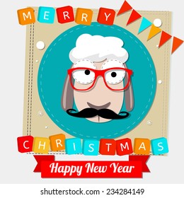 Happy New year card with hipster sheep on scrap booking card with mustache and glasses . Vector.