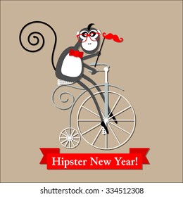 Happy New year card with hipster sheep on the vintage bicycle, with mustache and glasses . Vector.