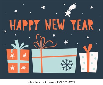Happy New Year card with holiday gifts and lettering. Vector illustration and typography for design. Cute christmas template.