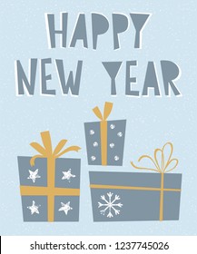 Happy New Year card with holiday gifts and lettering. Vector illustration and typography for design. Cute christmas banner in scandinavian style.