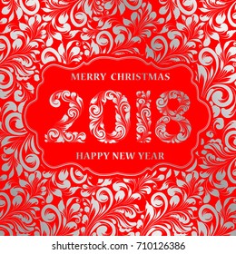 Happy new year card with khohloma style gray pattern on red background and sign 2018, marry christmas on the label. The card containes holiday template text. Vector illustration.