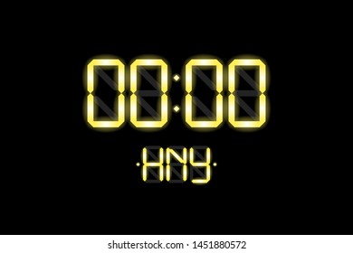 Happy New Year card with lcd electronic display clock numbers 0000 and HNY yellow gold glow gradient letters on black background. Merry Christmas vector illustration