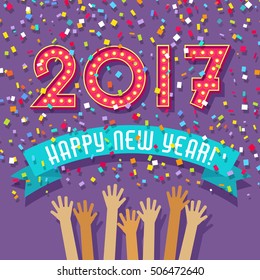 Happy New Year card with light bulb marquee 2017 and confetti falling.