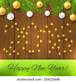 Happy new year card with lights. Elegant vector illustration with garland on the wooden board.