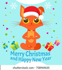 Happy New Year Card With Meditating Cat Vector. Christmas Yoga Cat Vector. Vector For Poster Print Greeting Card Design. Christmas Kitty With Red Santa Hat.