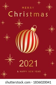 Happy New Year card or Merry Christmas greeting poster for festive winter holiday with golden gradient ball, tree on red background in modern design. Xmas poster flyer in vector