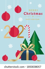 Happy New Year card or Merry Christmas greeting poster for festive winter holiday with present, ball, tree, candy on blue background in cut paper modern design. Xmas poster flyer in vector