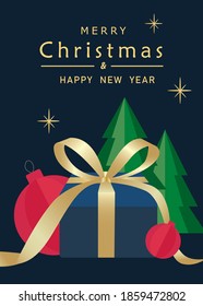 Happy New Year card or Merry Christmas greeting poster for festive winter holiday with present, ball, tree, candy on blue background in cut paper modern design. Xmas poster flyer in vector