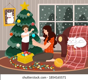 happy new year card, mom and her child decorate christmas tree. vector illustration