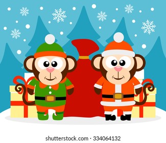 Happy New Year card with monkey santa claus and monkey elf 