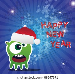 Happy New Year card with monster, vector