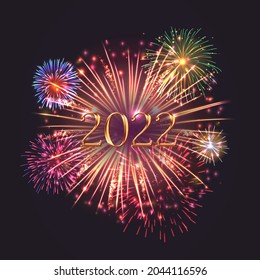 Happy New Year card with multi colored fireworks. 2022 Merry Christmas festive banner with congratulatory quote. Invitation card, calendar, poster design realistic vector illustration