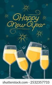 Tarjeta feliz del año Nuevo con los vidrios múltiples del champán, Vector