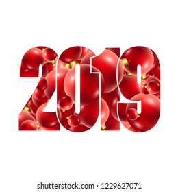 Happy new year card. Number 2019 with red and gold baubles, isolated white background. Bright design for holiday celebration, greeting text, Christmas banner Vector illustration