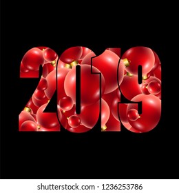 Happy new year card. Number 2019 with red and gold baubles, isolated white background. Bright design for holiday celebration, greeting text, Christmas banner Vector illustration