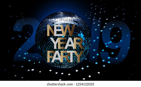 Happy New Year card with numbers 2019, silver text design. Vector illustration with silver numbers and disco ball on black background