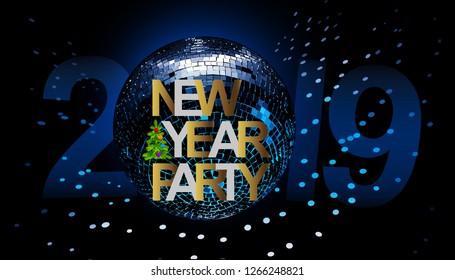 Happy New Year card with numbers 2019, silver text design. Vector illustration with silver numbers and disco ball on black background