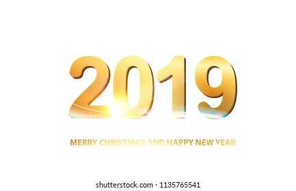 Happy new year card over white background. Text sign 2019 merry christmas and happy new year. Vector illustration.