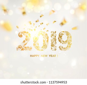 Happy new year card over gray background with golden confetti. Happy new year 2019. Holiday card. Template for your design. Vector illustration.