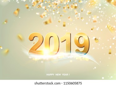 Happy new year card over gray background with golden confetti. Text sign 2019 year. Vector illustration.