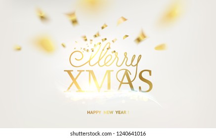 Happy new year card over gray background with golden confetti. Merry xmas 2019 sign on holiday card. Template for your design. Vector illustration.